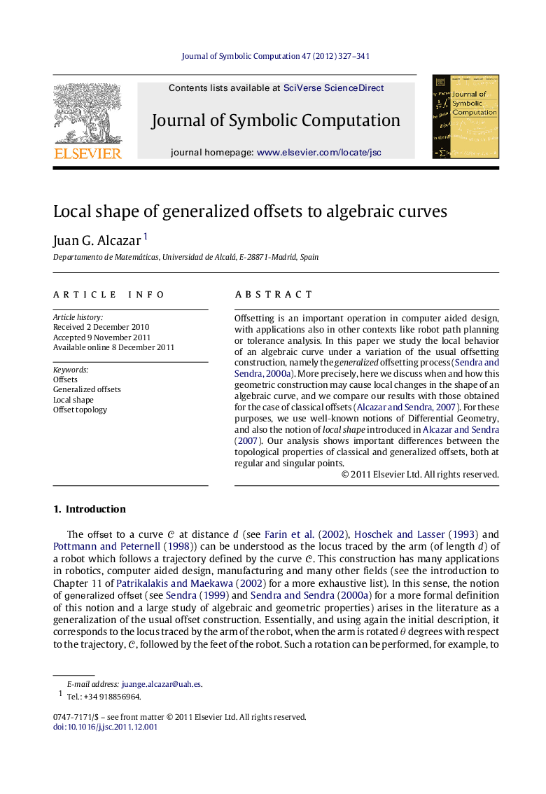 Local shape of generalized offsets to algebraic curves