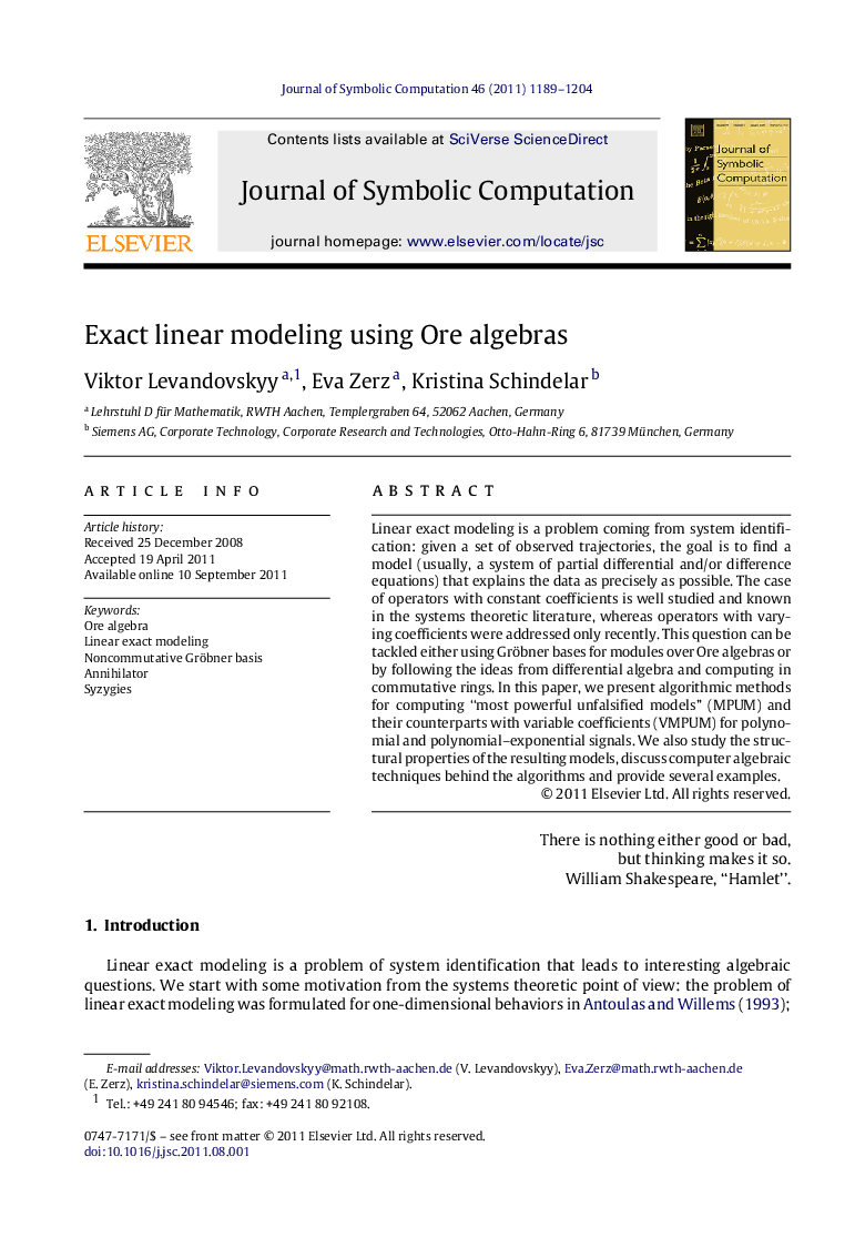 Exact linear modeling using Ore algebras