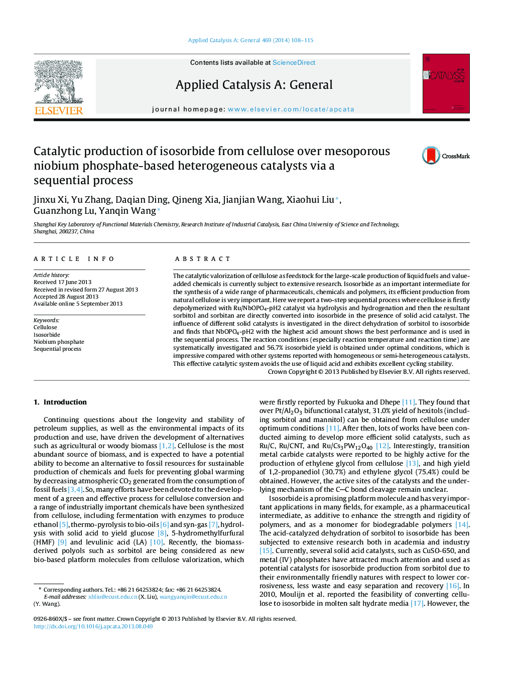 Catalytic production of isosorbide from cellulose over mesoporous niobium phosphate-based heterogeneous catalysts via a sequential process