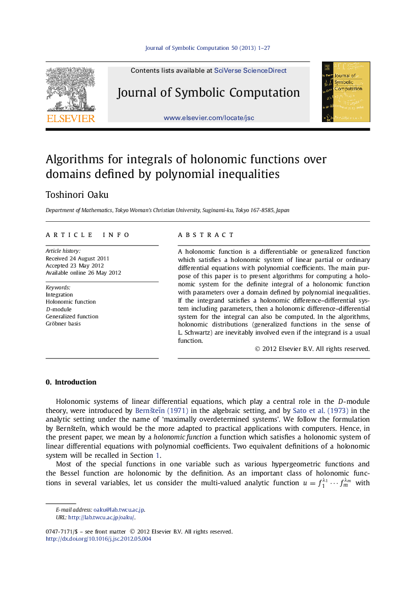 Algorithms for integrals of holonomic functions over domains defined by polynomial inequalities
