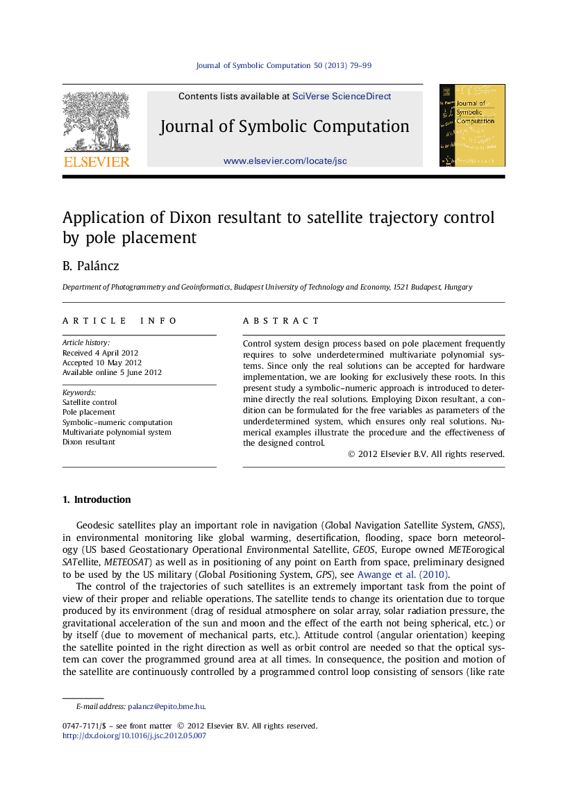 عکس صفحه اول مقاله: Application of Dixon resultant to satellite trajectory control by pole placement Application of Dixon resultant to satellite trajectory control by pole placement