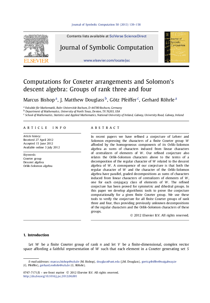 عکس صفحه اول مقاله: Computations for Coxeter arrangements and Solomonʼs descent algebra: Groups of rank three and four Computations for Coxeter arrangements and Solomonʼs descent algebra: Groups of rank three and four