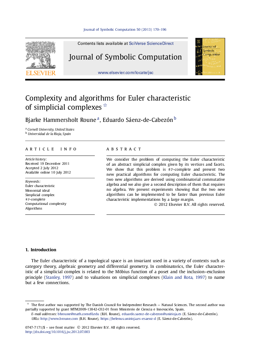 عکس صفحه اول مقاله: Complexity and algorithms for Euler characteristic of simplicial complexes Complexity and algorithms for Euler characteristic of simplicial complexes