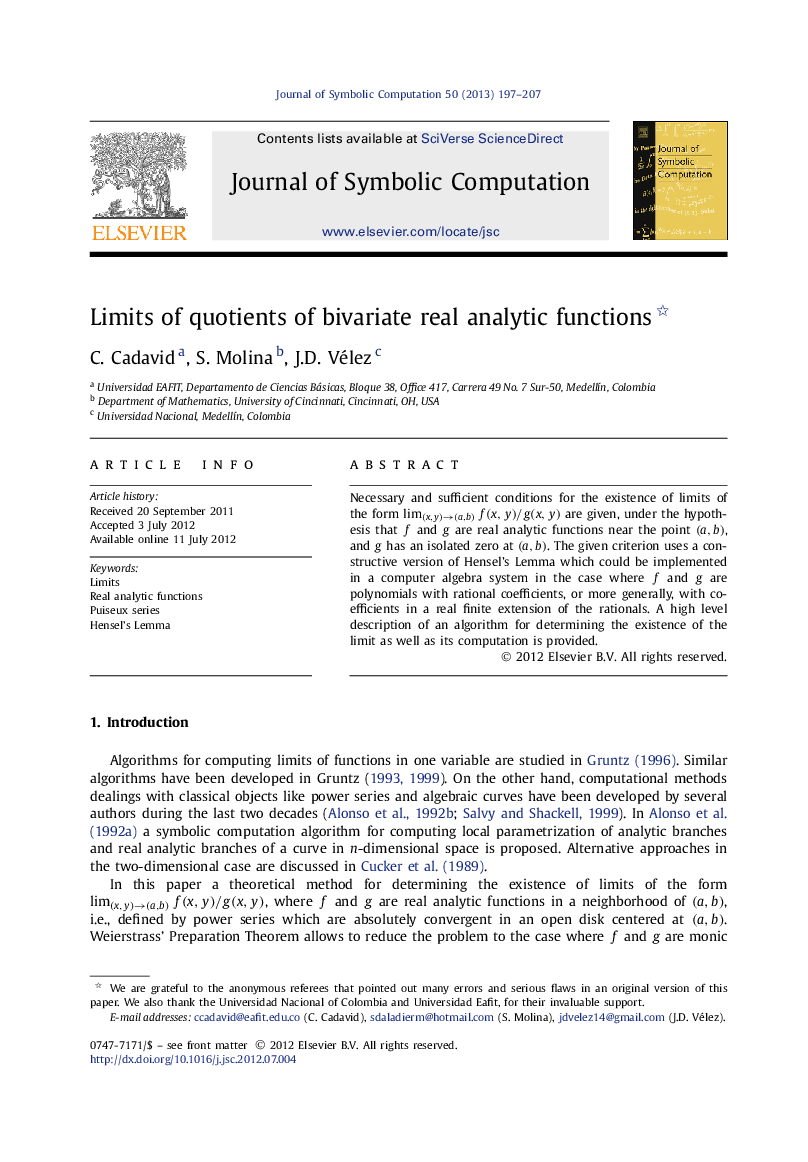 Limits of quotients of bivariate real analytic functions 