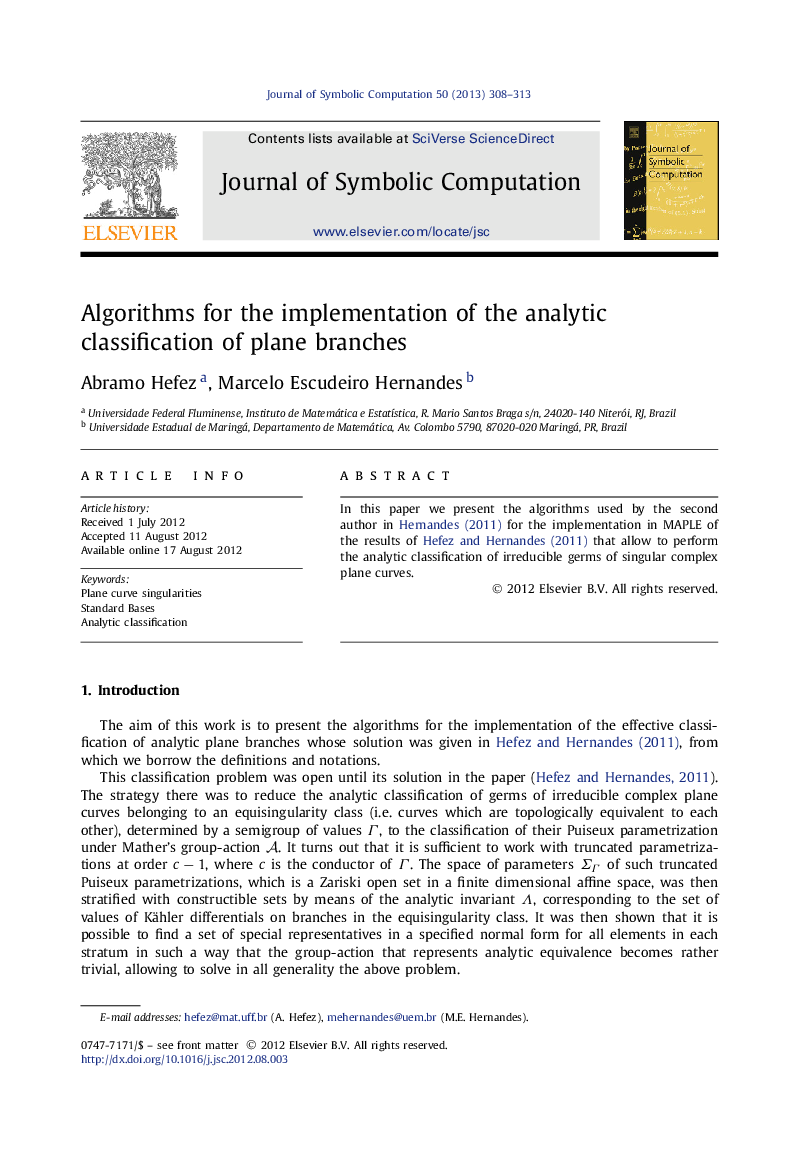 Algorithms for the implementation of the analytic classification of plane branches