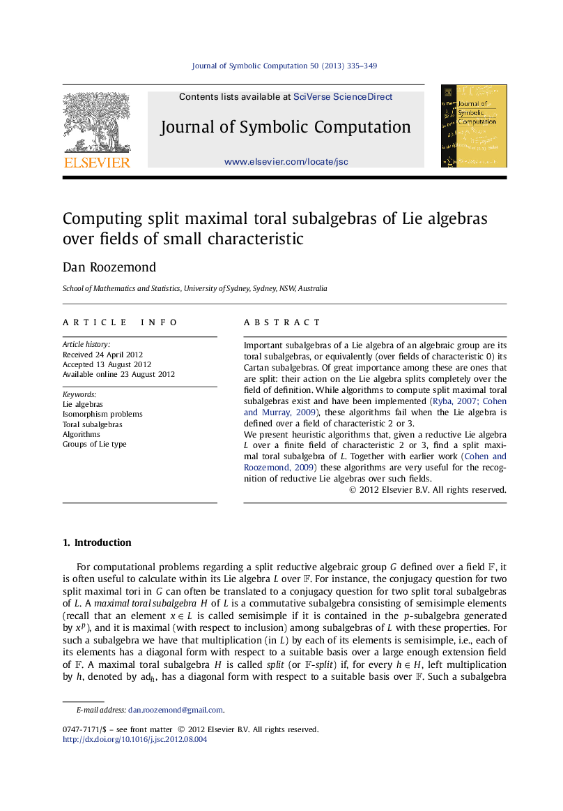 عکس صفحه اول مقاله: Computing split maximal toral subalgebras of Lie algebras over fields of small characteristic Computing split maximal toral subalgebras of Lie algebras over fields of small characteristic