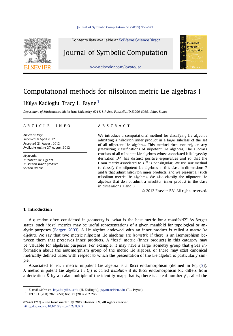 عکس صفحه اول مقاله: Computational methods for nilsoliton metric Lie algebras I Computational methods for nilsoliton metric Lie algebras I
