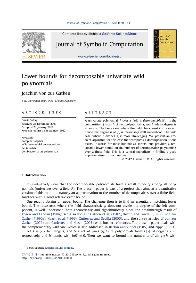 عکس صفحه اول مقاله: Lower bounds for decomposable univariate wild polynomials Lower bounds for decomposable univariate wild polynomials