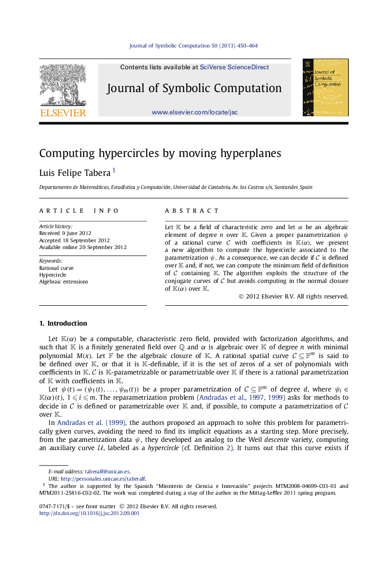 عکس صفحه اول مقاله: Computing hypercircles by moving hyperplanes Computing hypercircles by moving hyperplanes