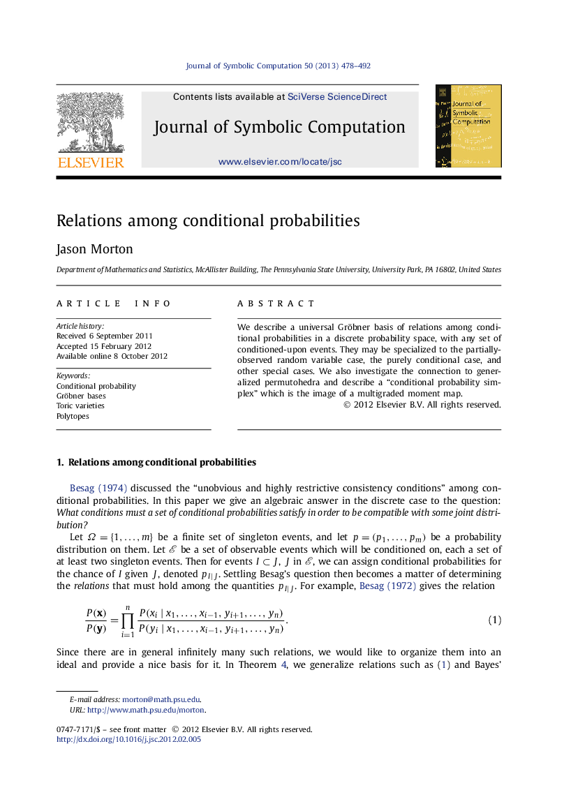عکس صفحه اول مقاله: Relations among conditional probabilities Relations among conditional probabilities