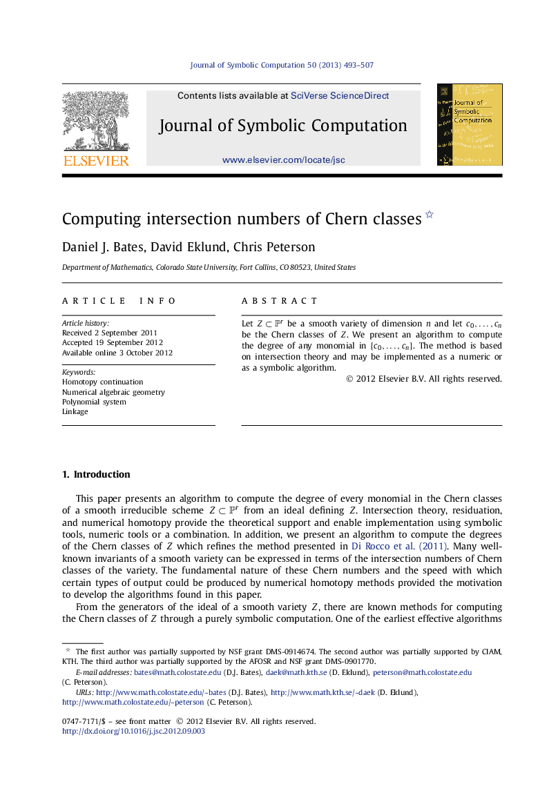 عکس صفحه اول مقاله: Computing intersection numbers of Chern classes Computing intersection numbers of Chern classes