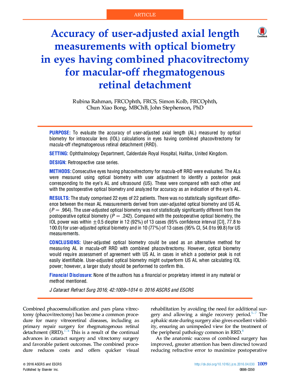 Accuracy of user-adjusted axial length measurements with optical biometry in eyes having combined phacovitrectomy for macular-off rhegmatogenous retinal detachment