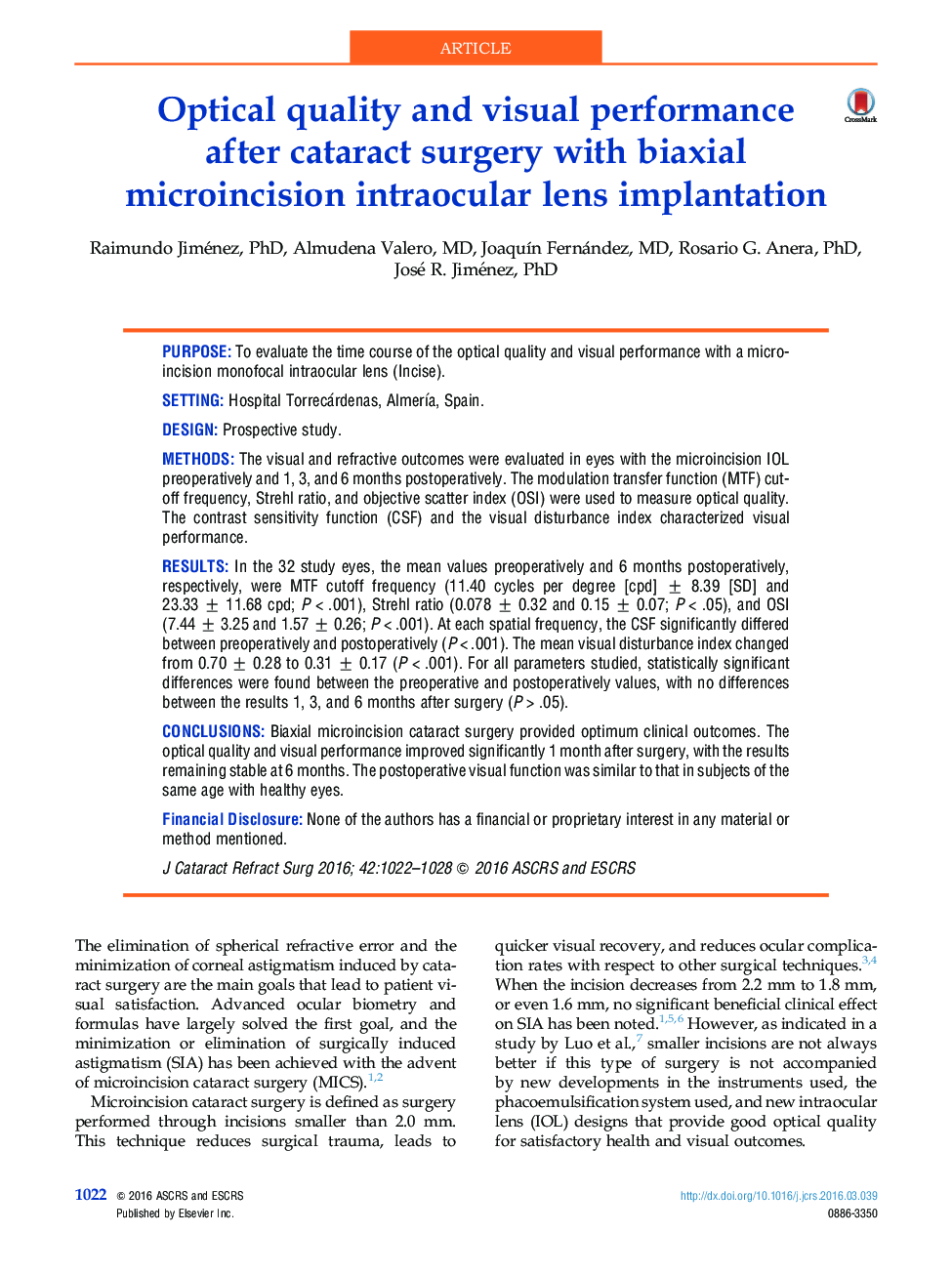 Optical quality and visual performance after cataract surgery with biaxial microincision intraocular lens implantation