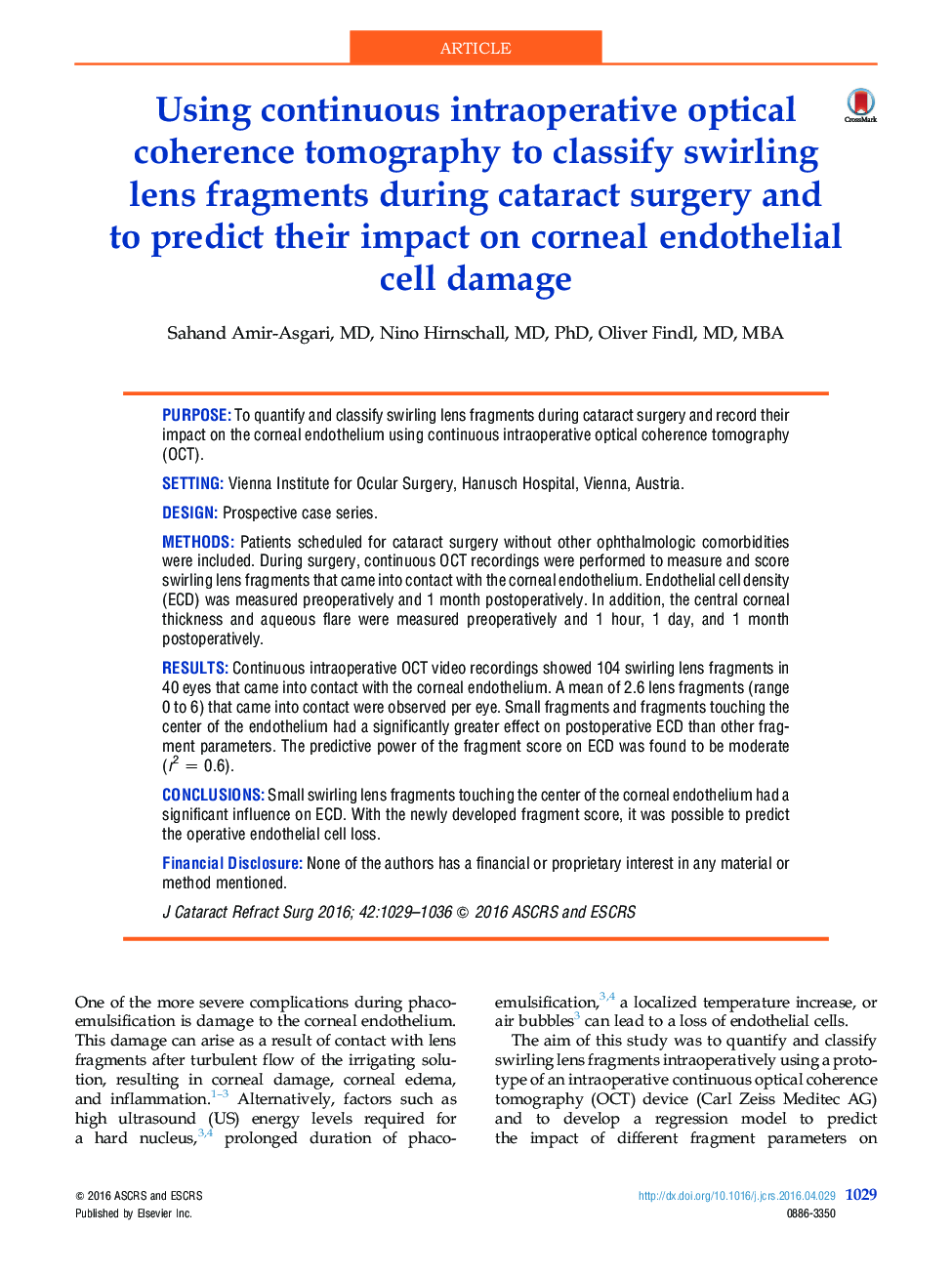Using continuous intraoperative optical coherence tomography to classify swirling lens fragments during cataract surgery and to predict their impact on corneal endothelial cell damage