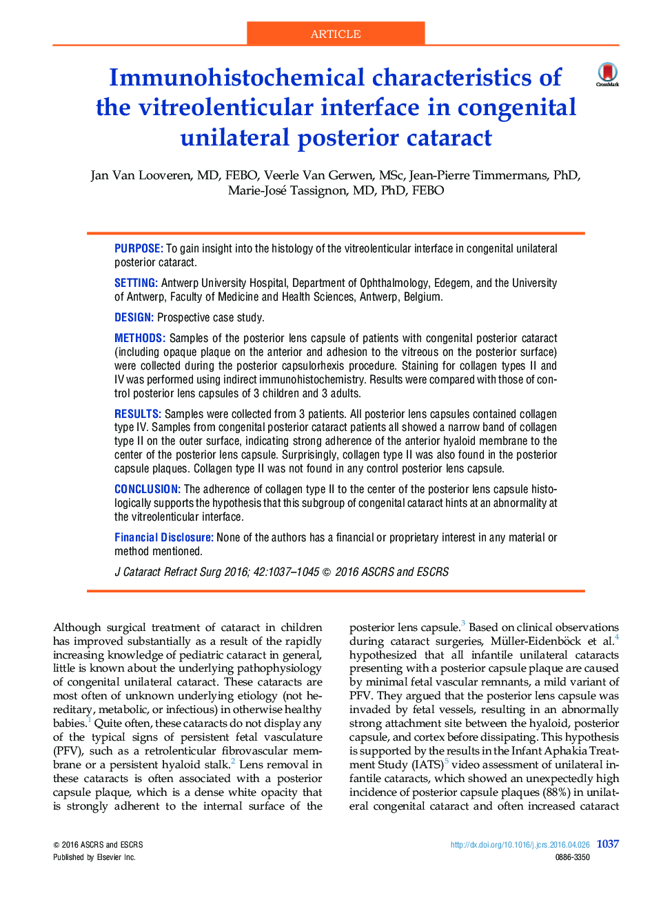 Immunohistochemical characteristics of the vitreolenticular interface in congenital unilateral posterior cataract