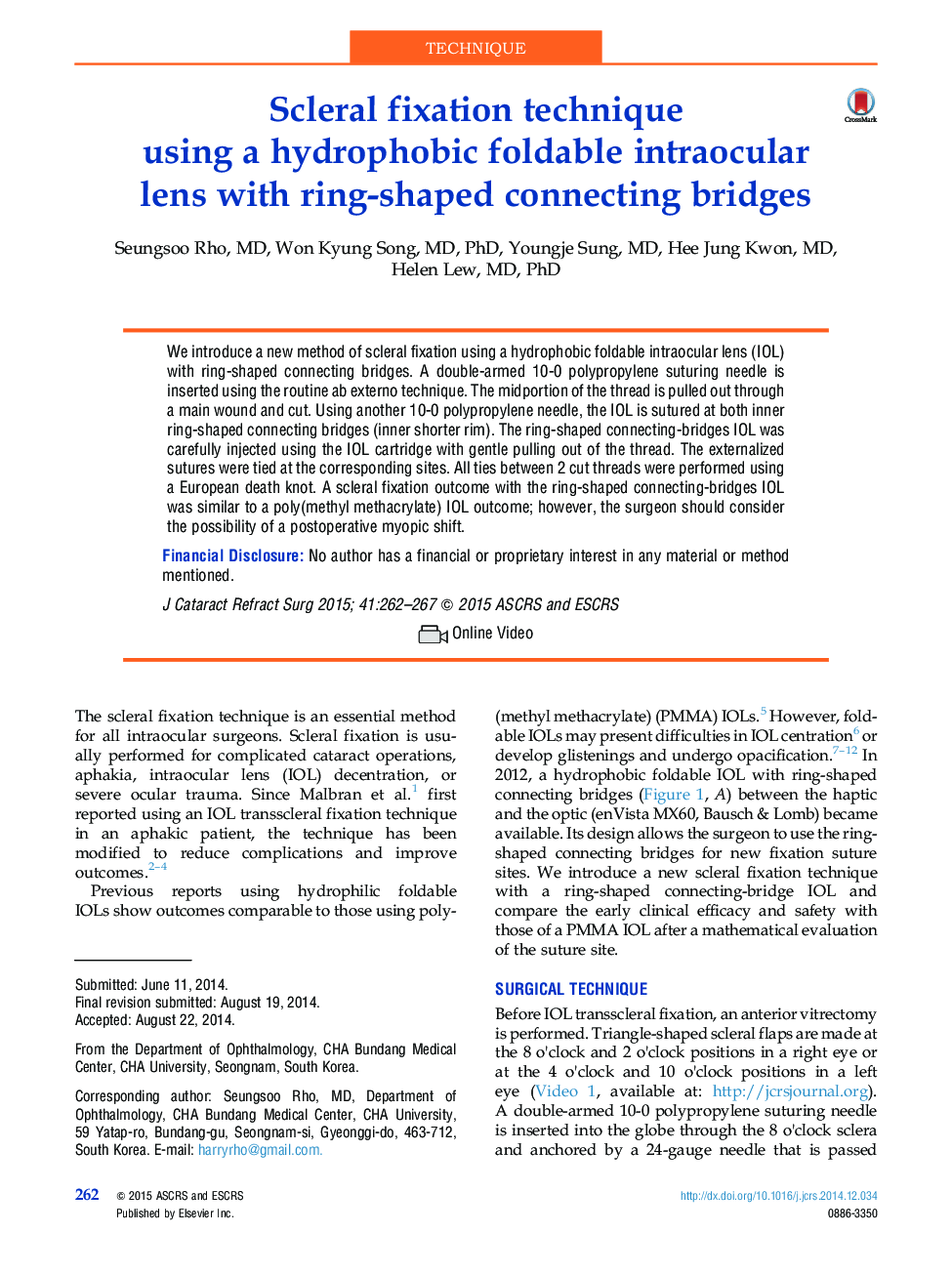 Scleral fixation technique using a hydrophobic foldable intraocular lens with ring-shaped connecting bridges