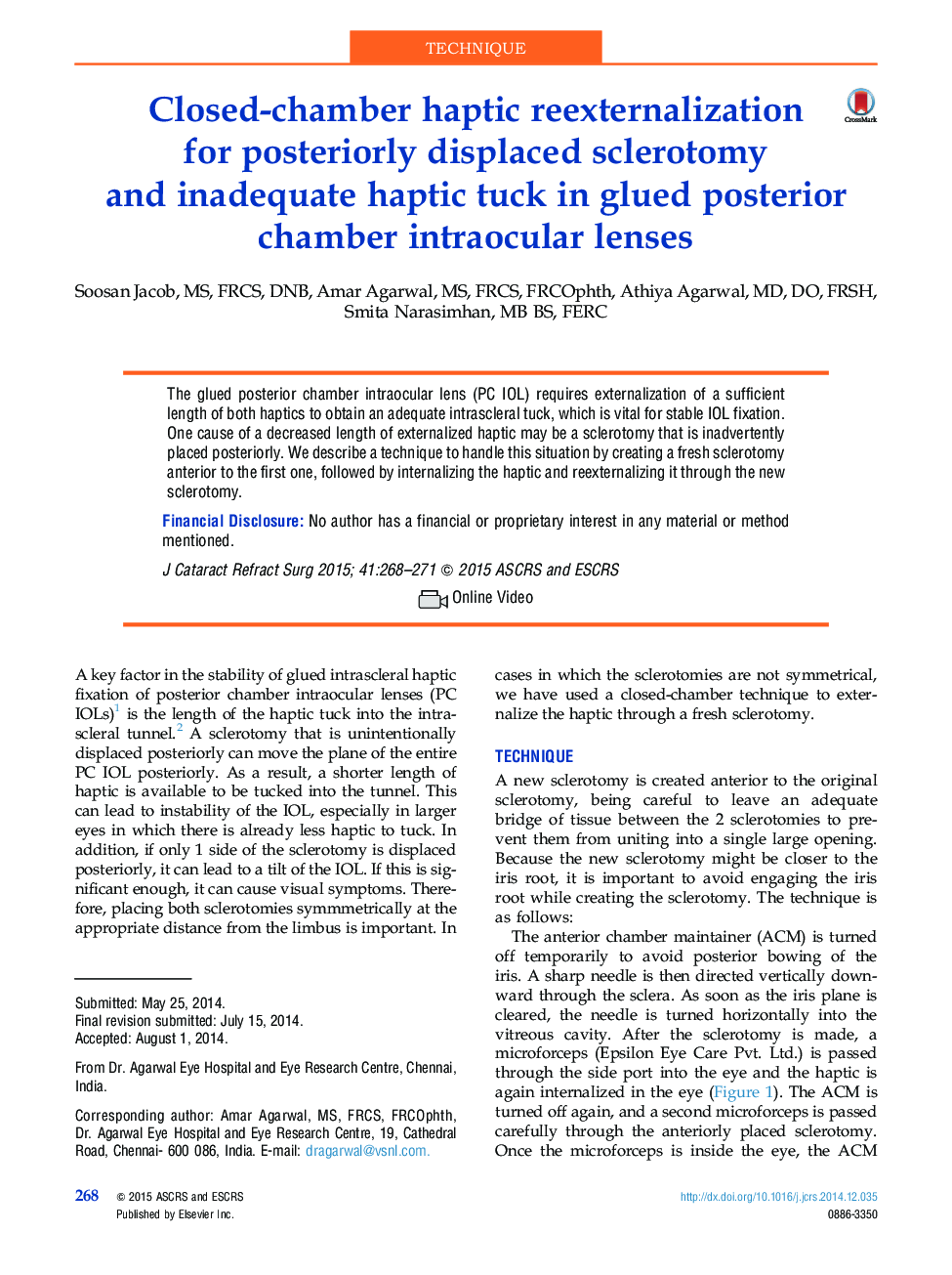 Closed-chamber haptic reexternalization for posteriorly displaced sclerotomy and inadequate haptic tuck in glued posterior chamber intraocular lenses
