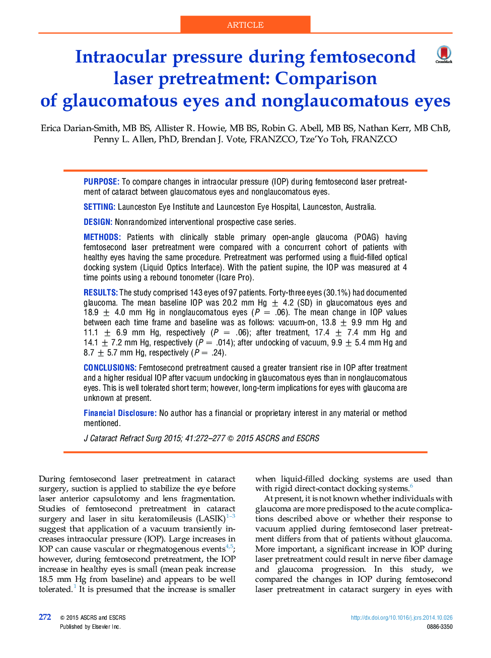 Intraocular pressure during femtosecond laser pretreatment: Comparison of glaucomatous eyes and nonglaucomatous eyes