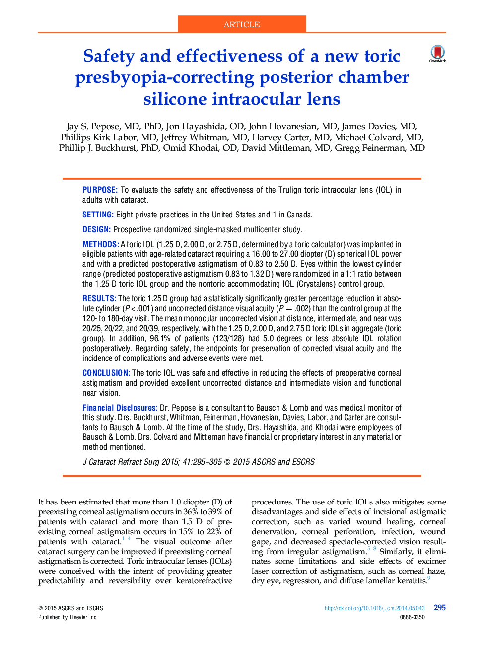 Safety and effectiveness of a new toric presbyopia-correcting posterior chamber silicone intraocular lens