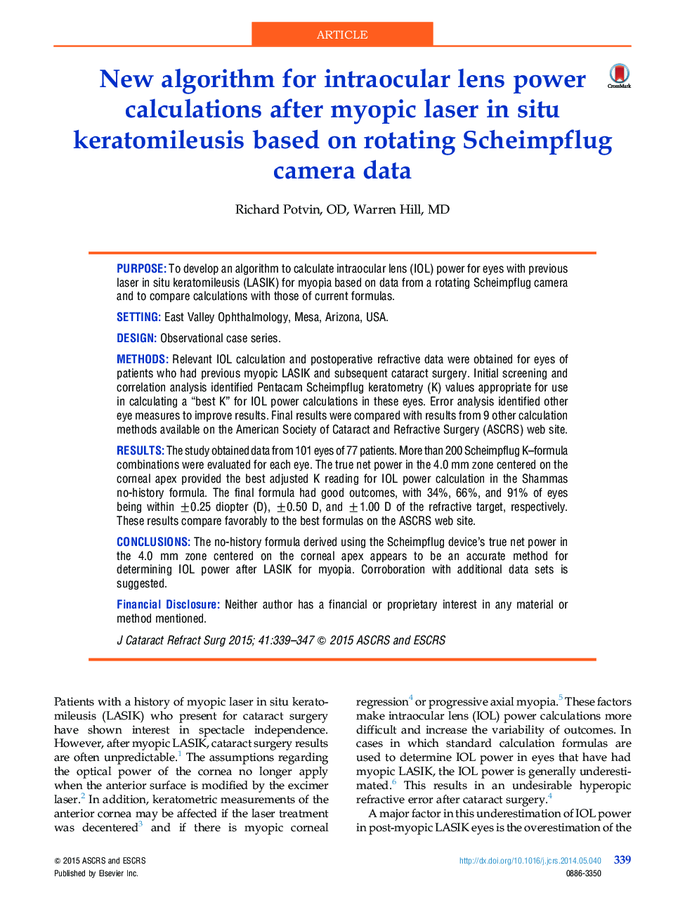 New algorithm for intraocular lens power calculations after myopic laser in situ keratomileusis based on rotating Scheimpflug camera data