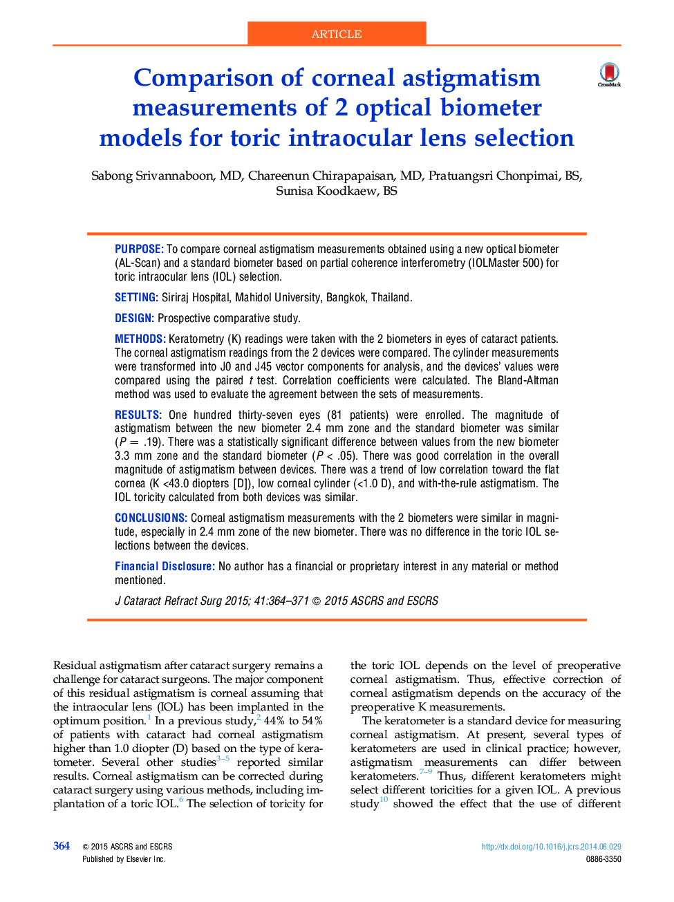 Comparison of corneal astigmatism measurements of 2 optical biometer models for toric intraocular lens selection