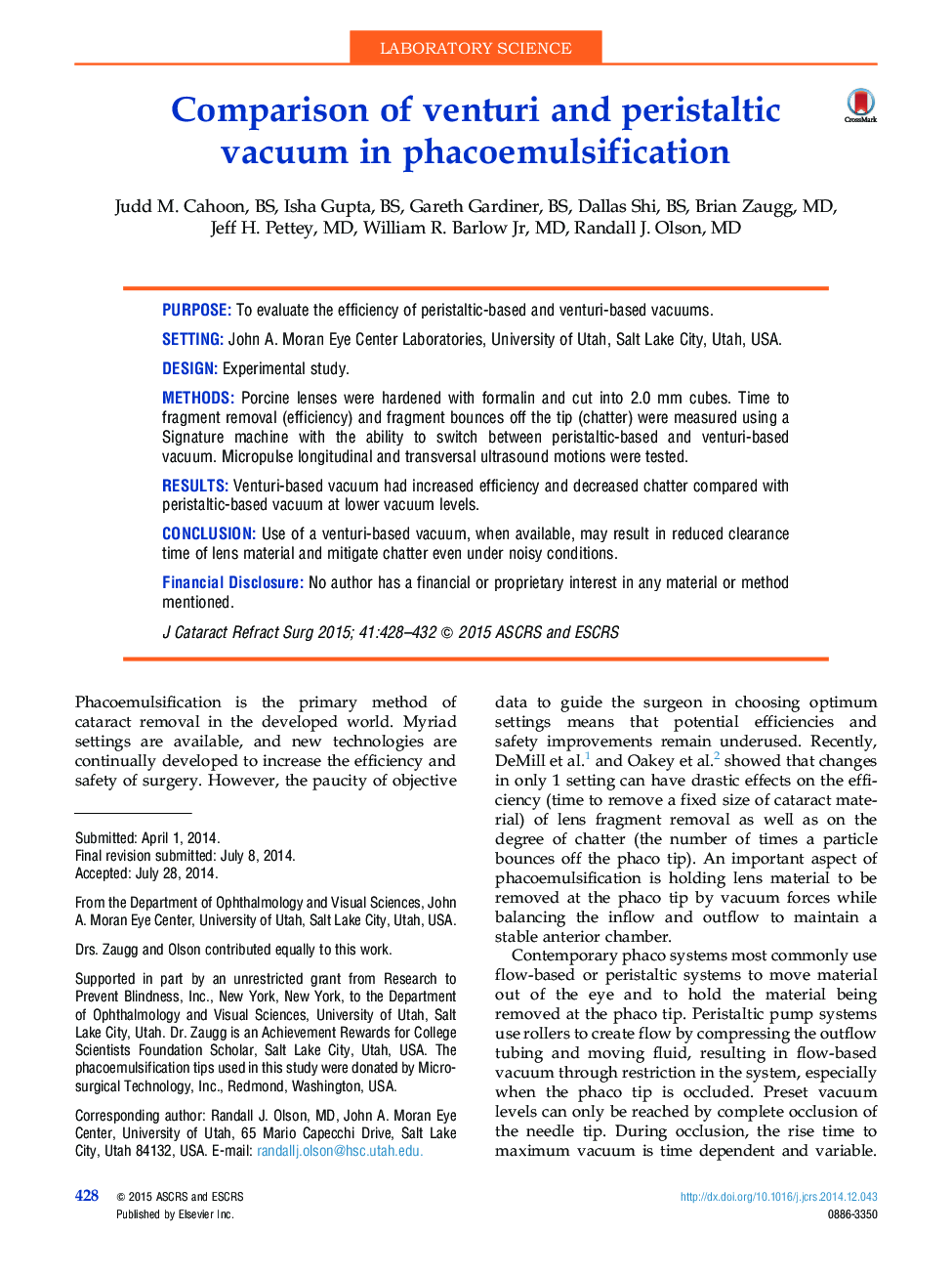 Comparison of venturi and peristaltic vacuum in phacoemulsification