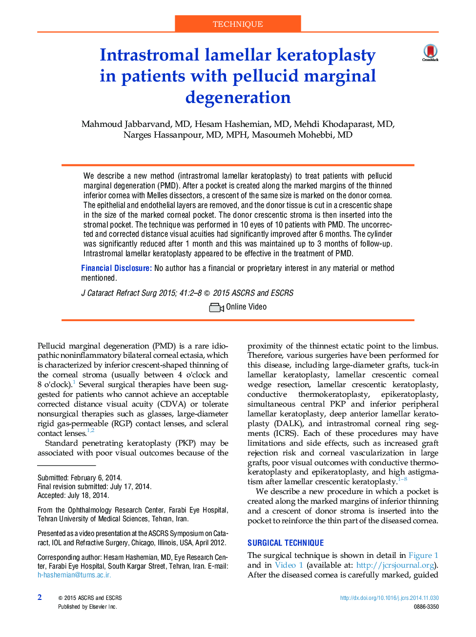 Intrastromal lamellar keratoplasty inÂ patients with pellucid marginal degeneration