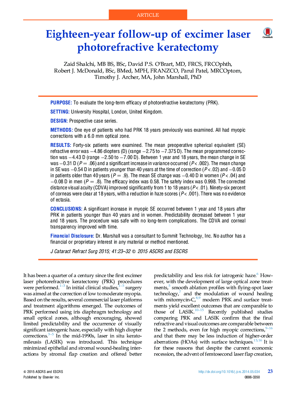 Eighteen-year follow-up of excimer laser photorefractive keratectomy 