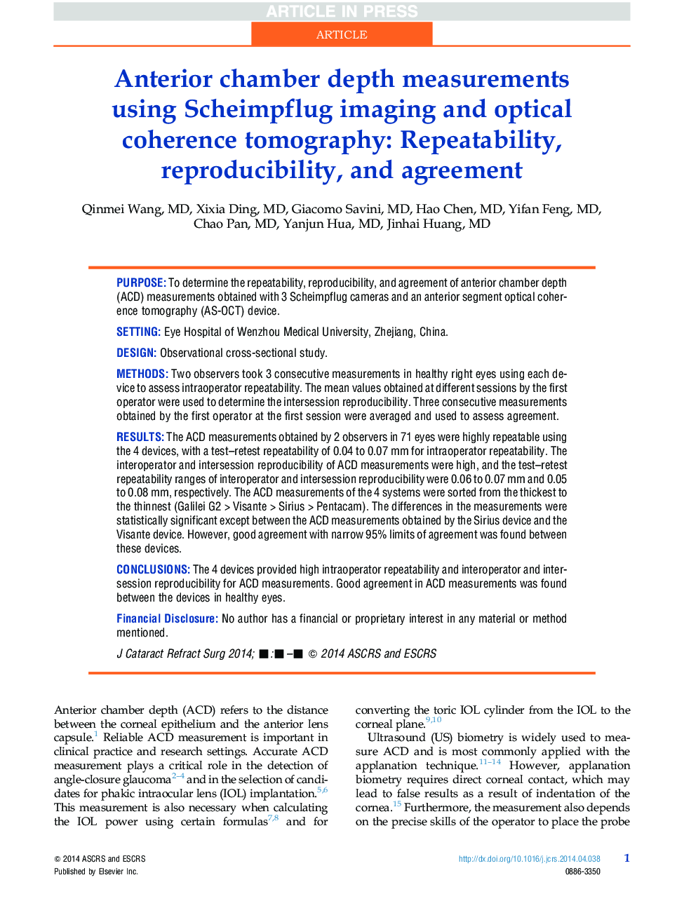 Anterior chamber depth measurements using Scheimpflug imaging and optical coherence tomography: Repeatability, reproducibility, and agreement