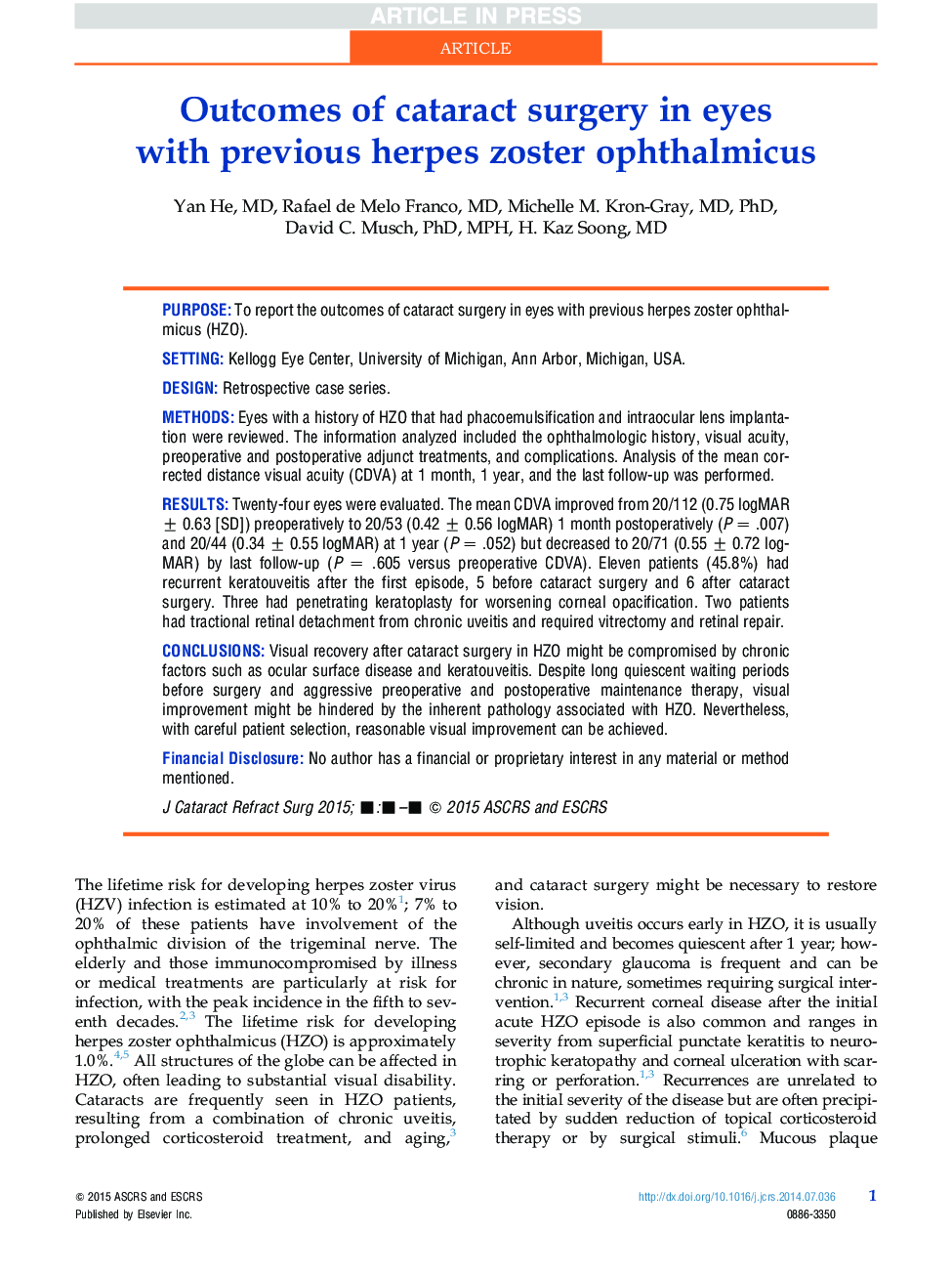 Outcomes of cataract surgery in eyes withÂ previous herpes zoster ophthalmicus