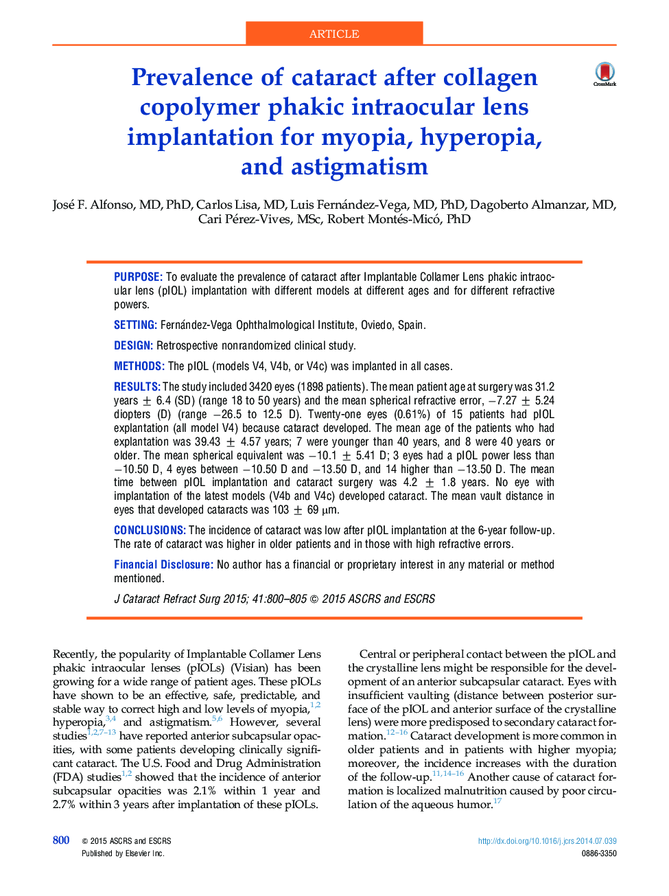 Prevalence of cataract after collagen copolymer phakic intraocular lens implantation for myopia, hyperopia, and astigmatism