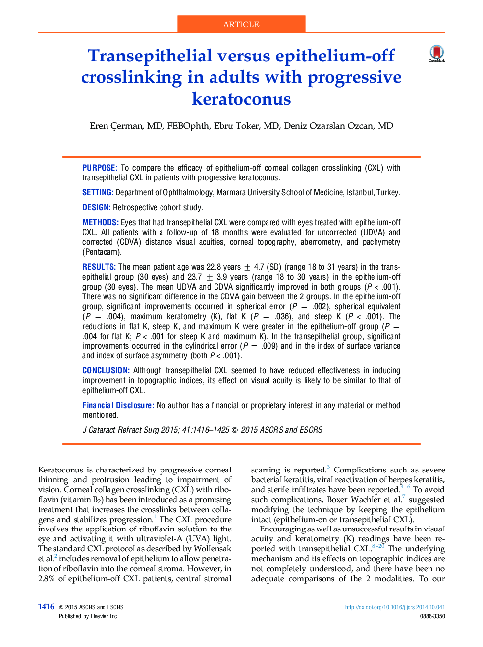 Transepithelial versus epithelium-off crosslinking in adults with progressive keratoconus