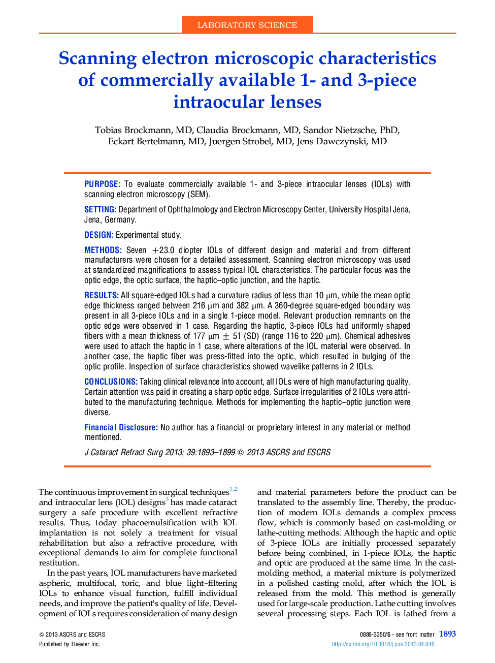 Scanning electron microscopic characteristics of commercially available 1- and 3-piece intraocular lenses