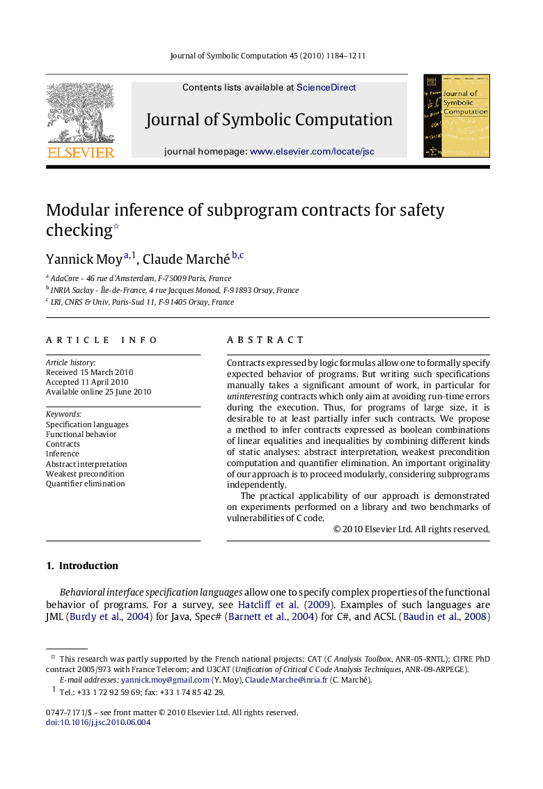 Modular inference of subprogram contracts for safety checking 