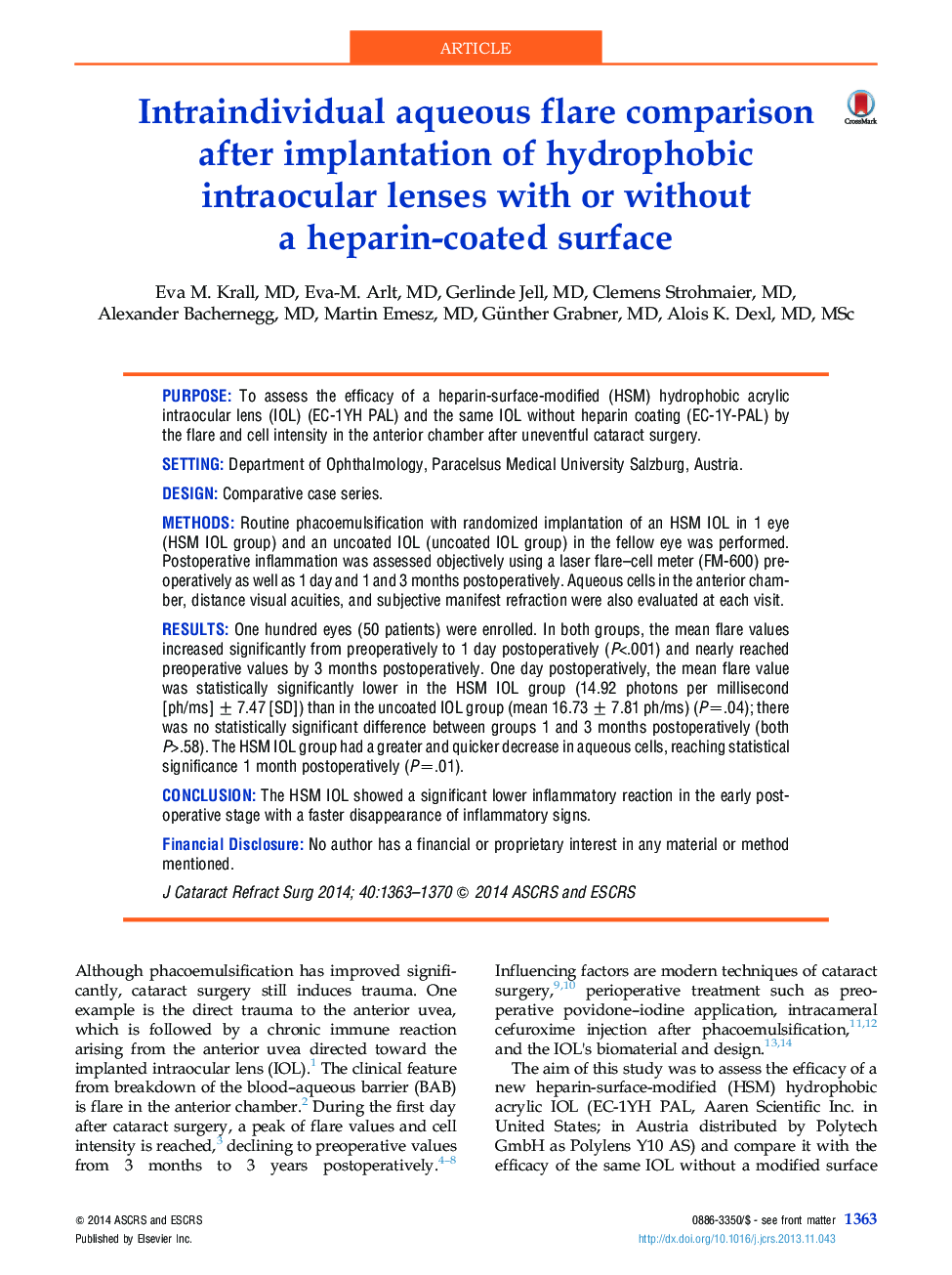 Intraindividual aqueous flare comparison after implantation of hydrophobic intraocular lenses with or without a heparin-coated surface 