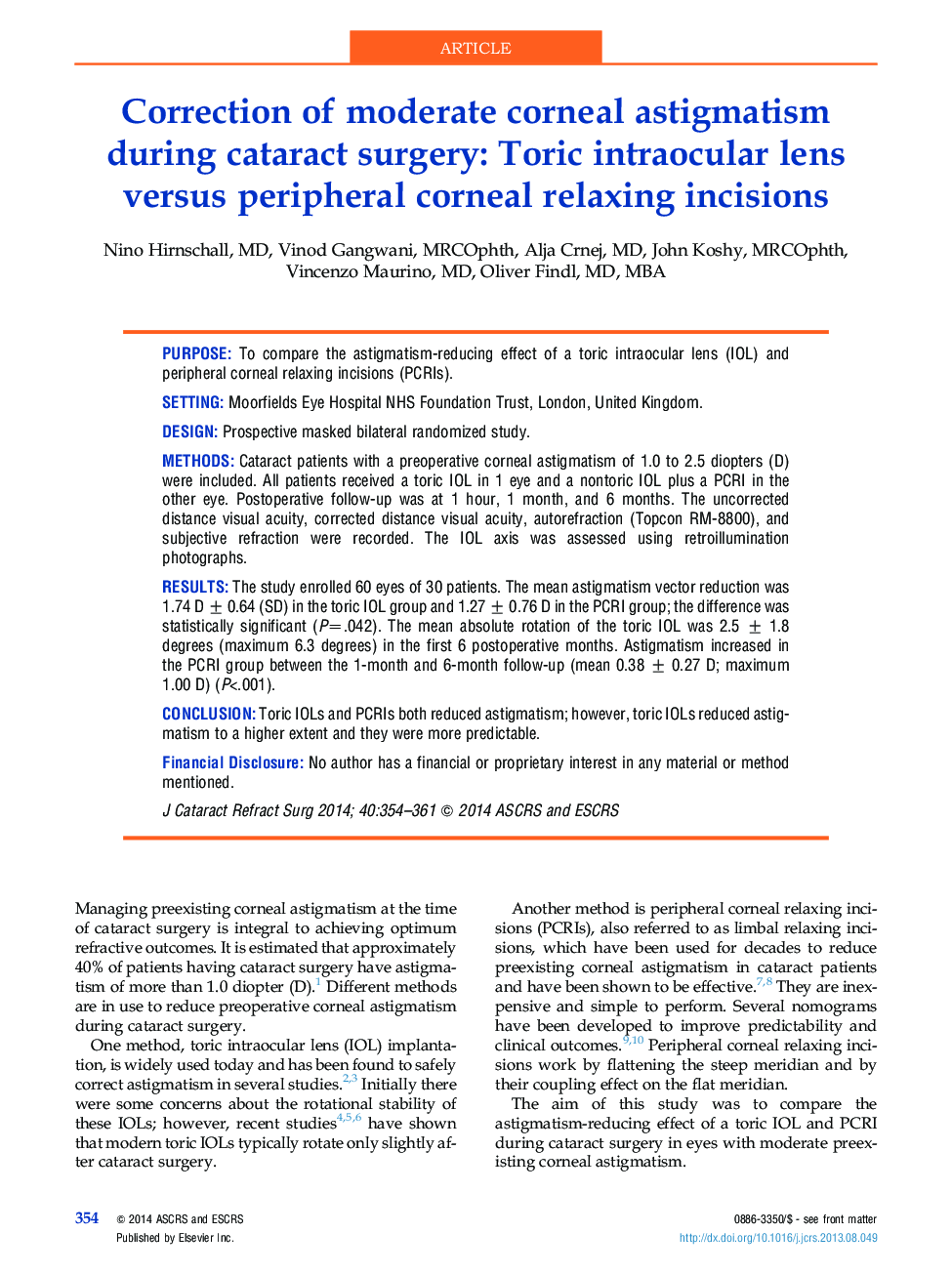 Correction of moderate corneal astigmatism during cataract surgery: Toric intraocular lens versus peripheral corneal relaxing incisions