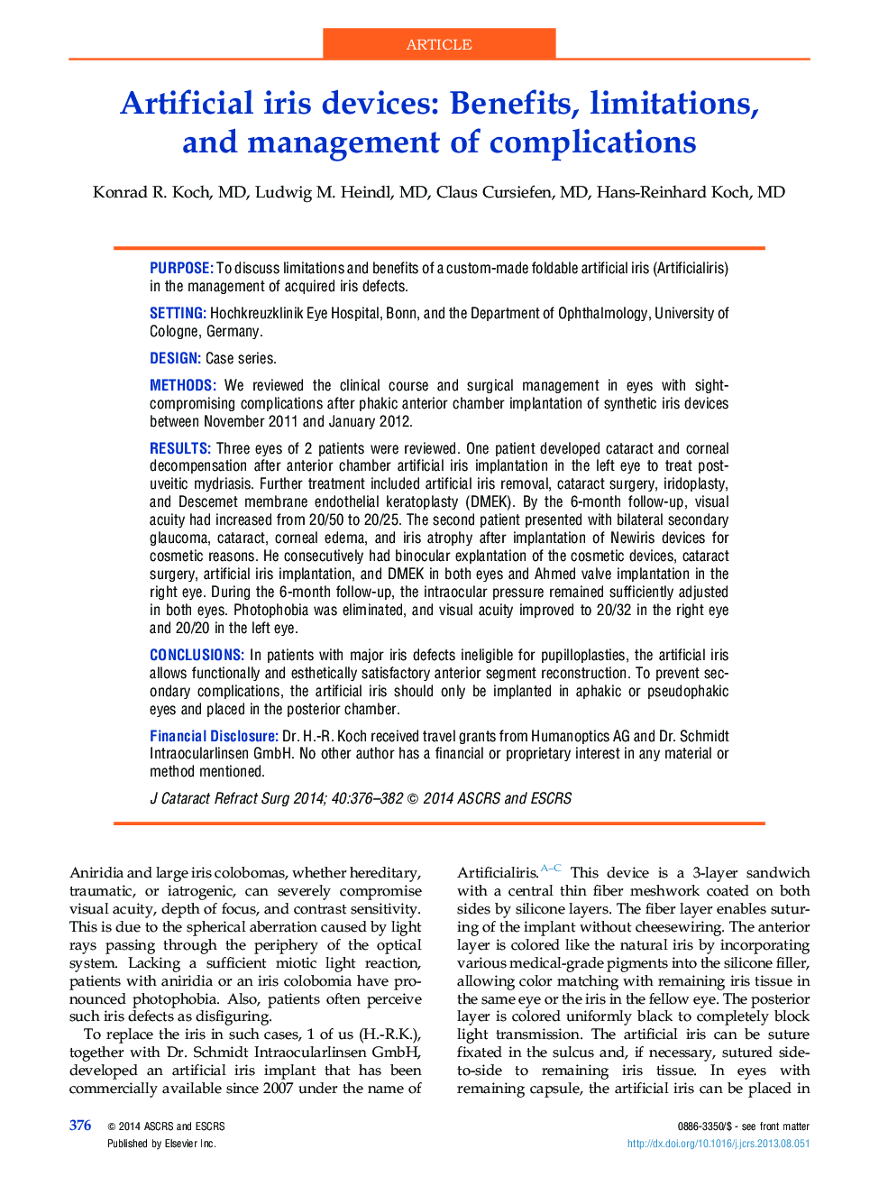 Artificial iris devices: Benefits, limitations, andÂ management of complications