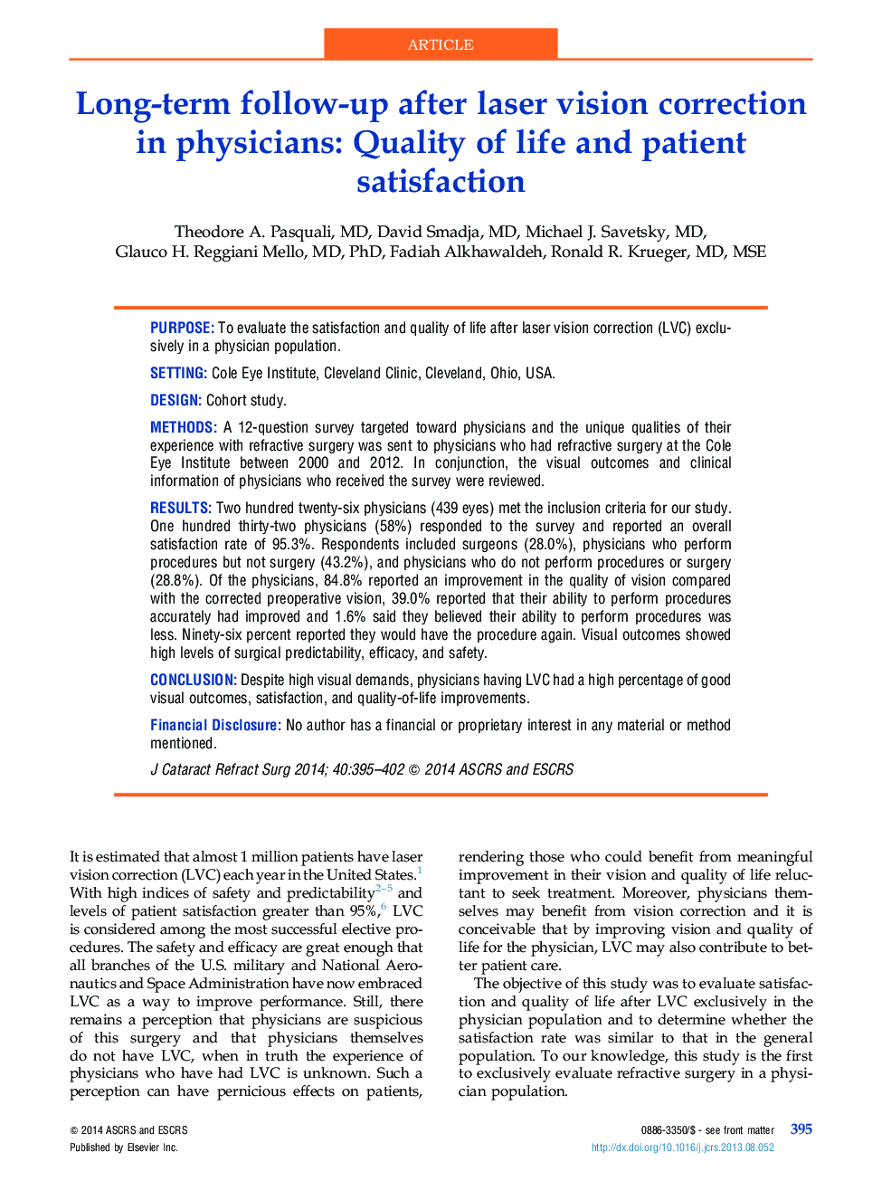 Long-term follow-up after laser vision correction in physicians: Quality of life and patient satisfaction 