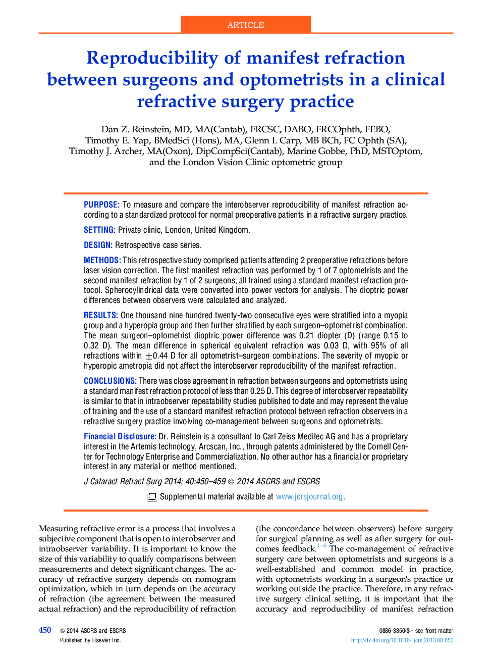 Reproducibility of manifest refraction between surgeons and optometrists in a clinical refractive surgery practice