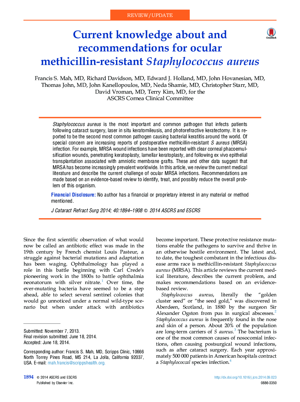 Current knowledge about and recommendations for ocular methicillin-resistant Staphylococcus aureus