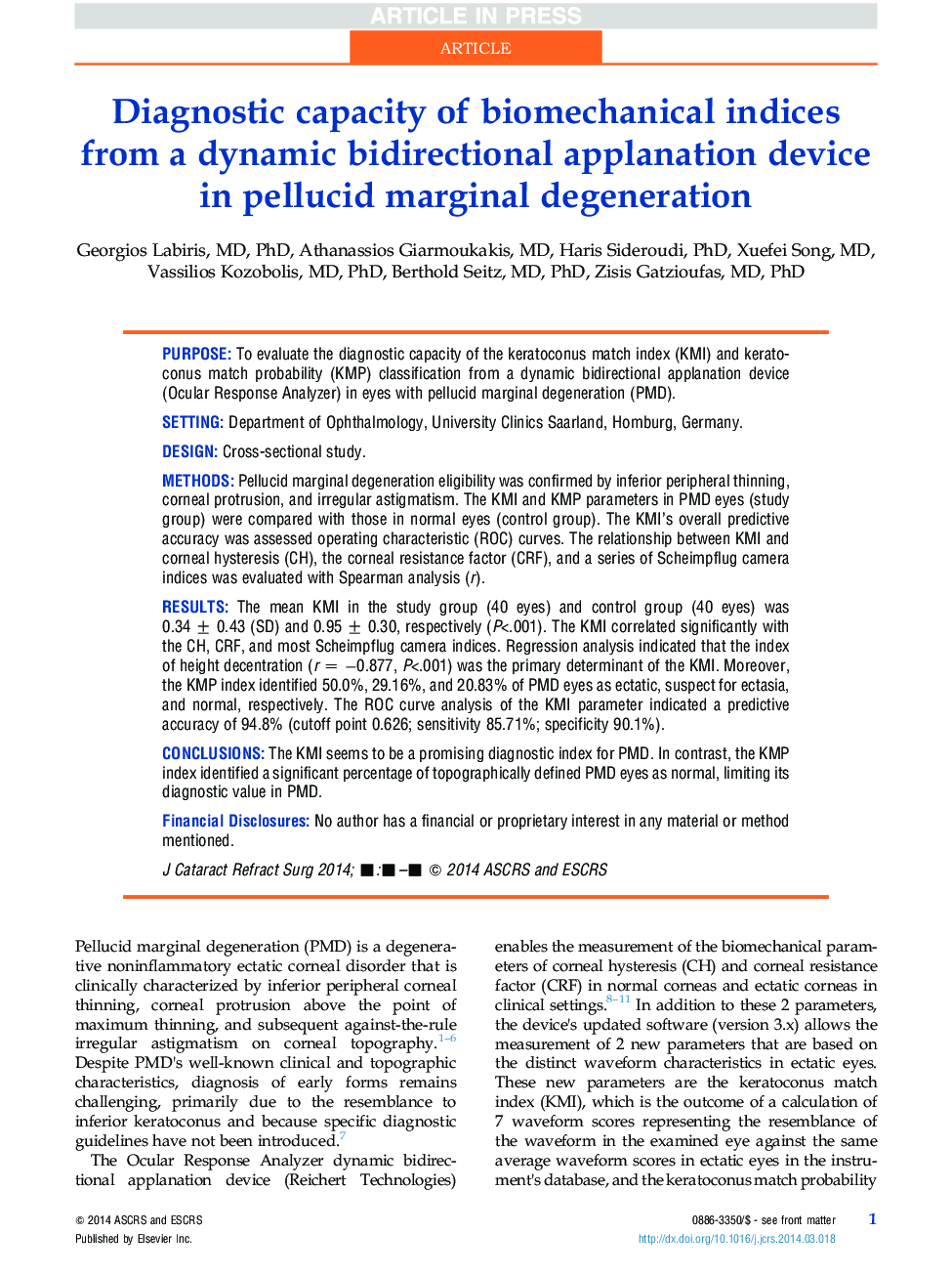Diagnostic capacity of biomechanical indices from a dynamic bidirectional applanation device in pellucid marginal degeneration