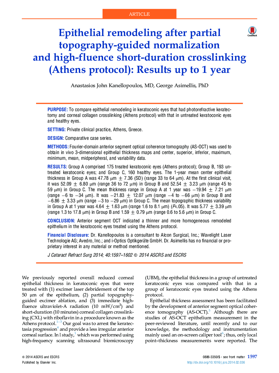 Epithelial remodeling after partial topography-guided normalization and high-fluence short-duration crosslinking (Athens protocol): Results up to 1 year