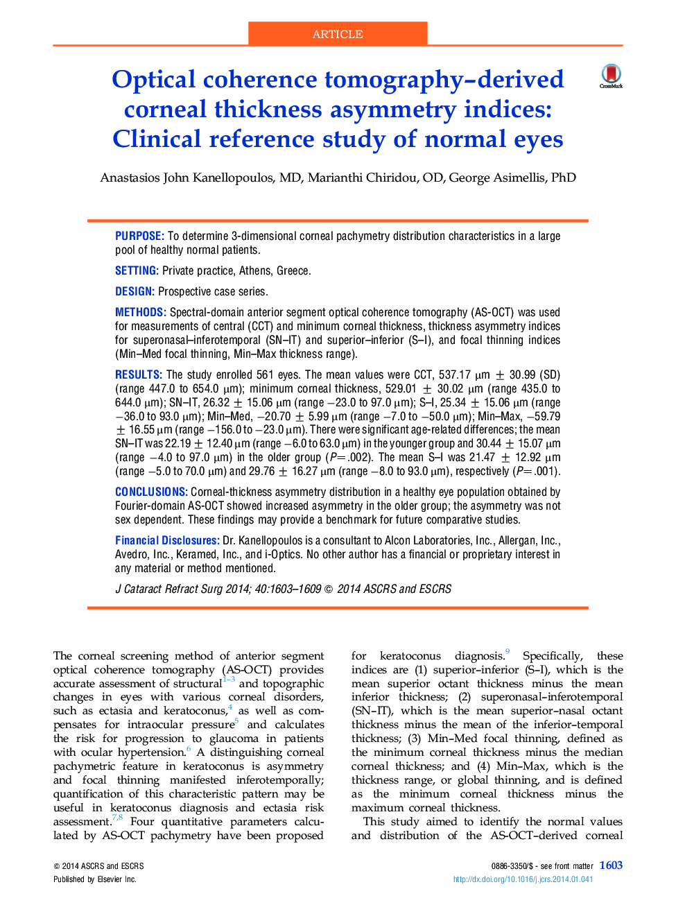 Optical coherence tomography-derived corneal thickness asymmetry indices: Clinical reference study of normal eyes