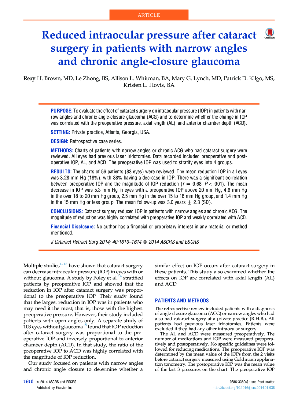 Reduced intraocular pressure after cataract surgery in patients with narrow angles and chronic angle-closure glaucoma