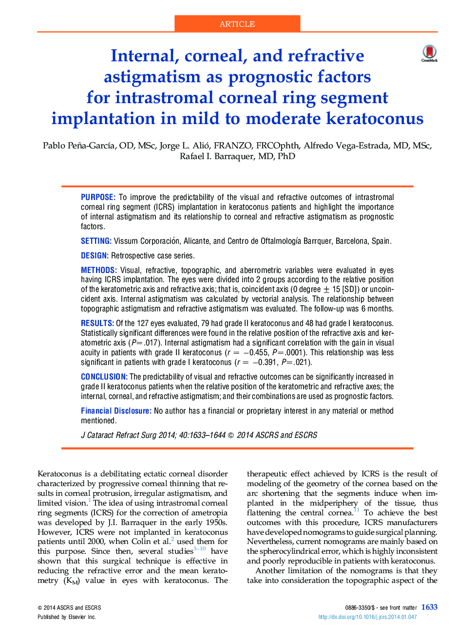 Internal, corneal, and refractive astigmatism as prognostic factors for intrastromal corneal ring segment implantation in mild to moderate keratoconus