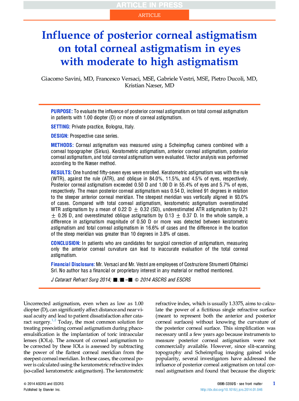 Influence of posterior corneal astigmatism on total corneal astigmatism in eyes with moderate to high astigmatism