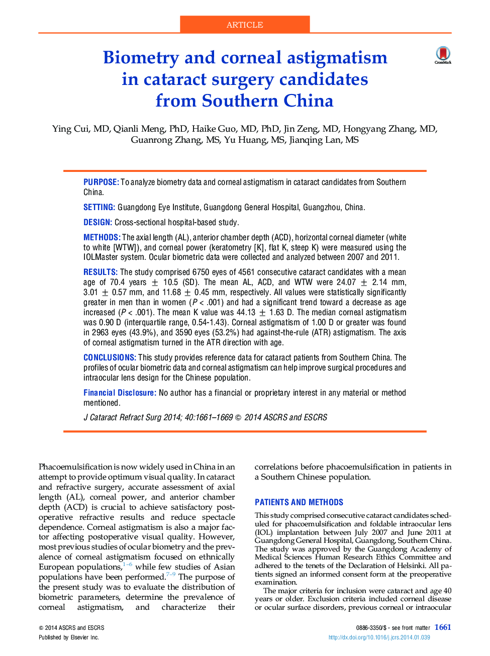 Biometry and corneal astigmatism in cataract surgery candidates from Southern China 