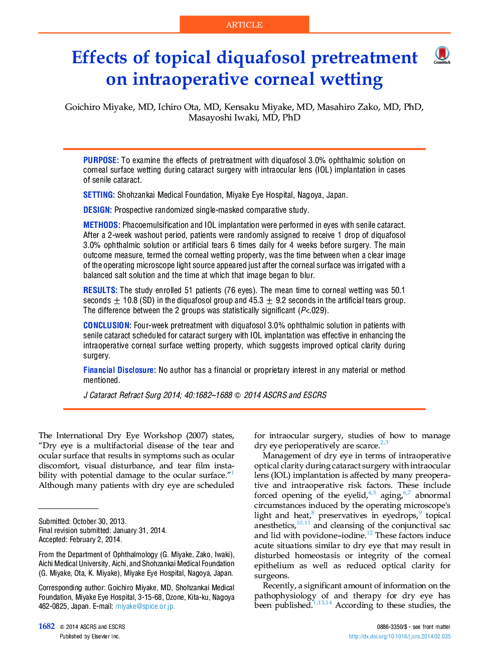 Effects of topical diquafosol pretreatment on intraoperative corneal wetting