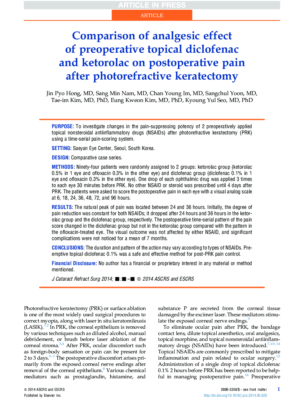 Comparison of analgesic effect of preoperative topical diclofenac and ketorolac on postoperative pain after photorefractive keratectomy