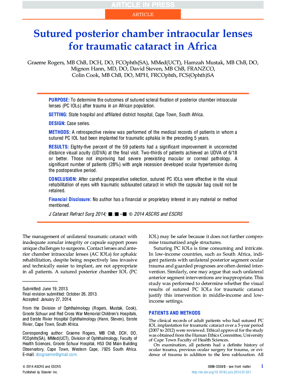 Sutured posterior chamber intraocular lenses for traumatic cataract in Africa